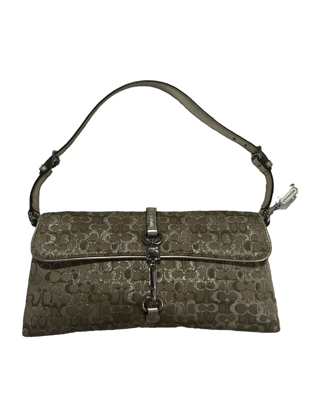 💚COACH Y2K Hampton Gold Signature Canvas/Leather🩷silver hardware 
Handbag -8946